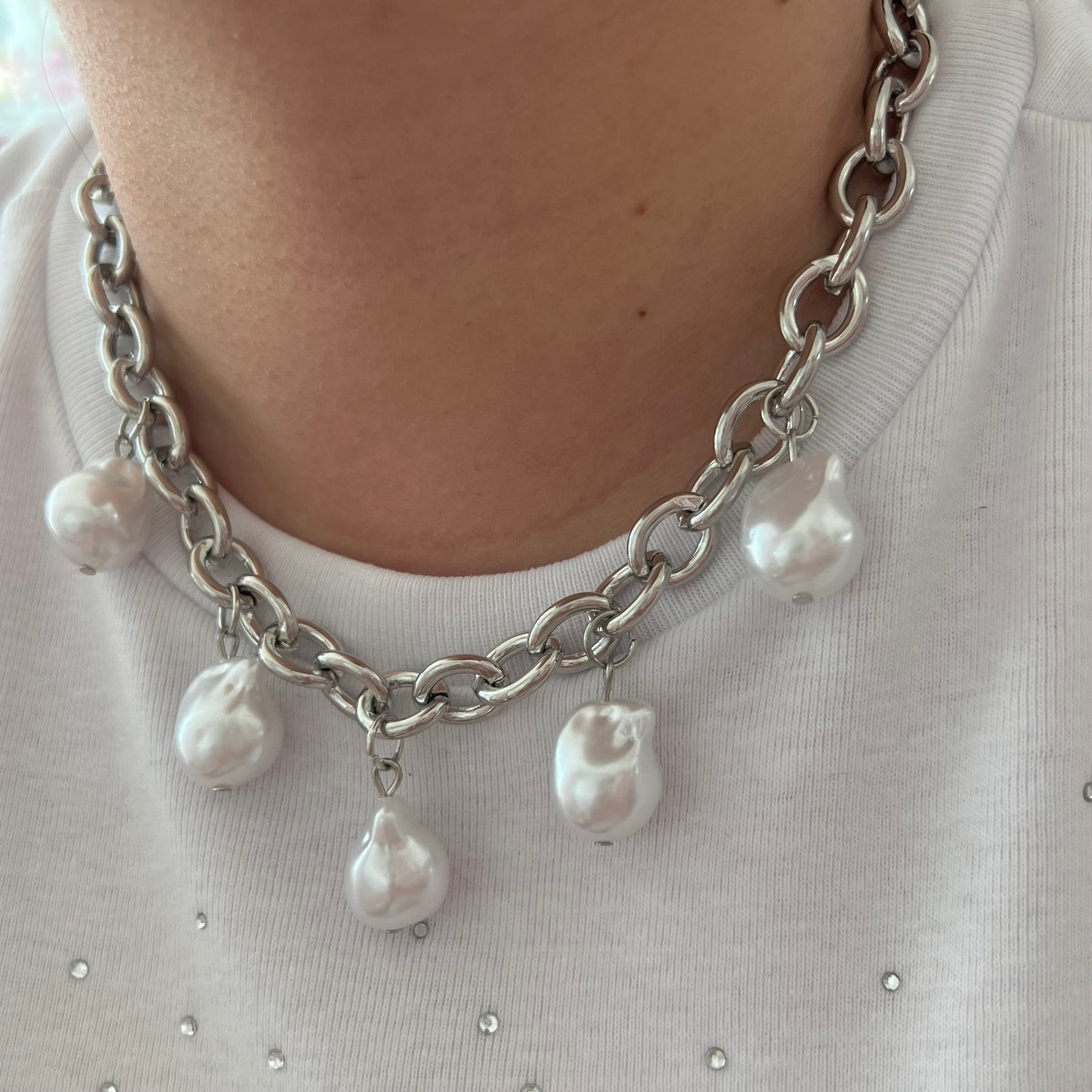 Pearls Silver Charm Necklace