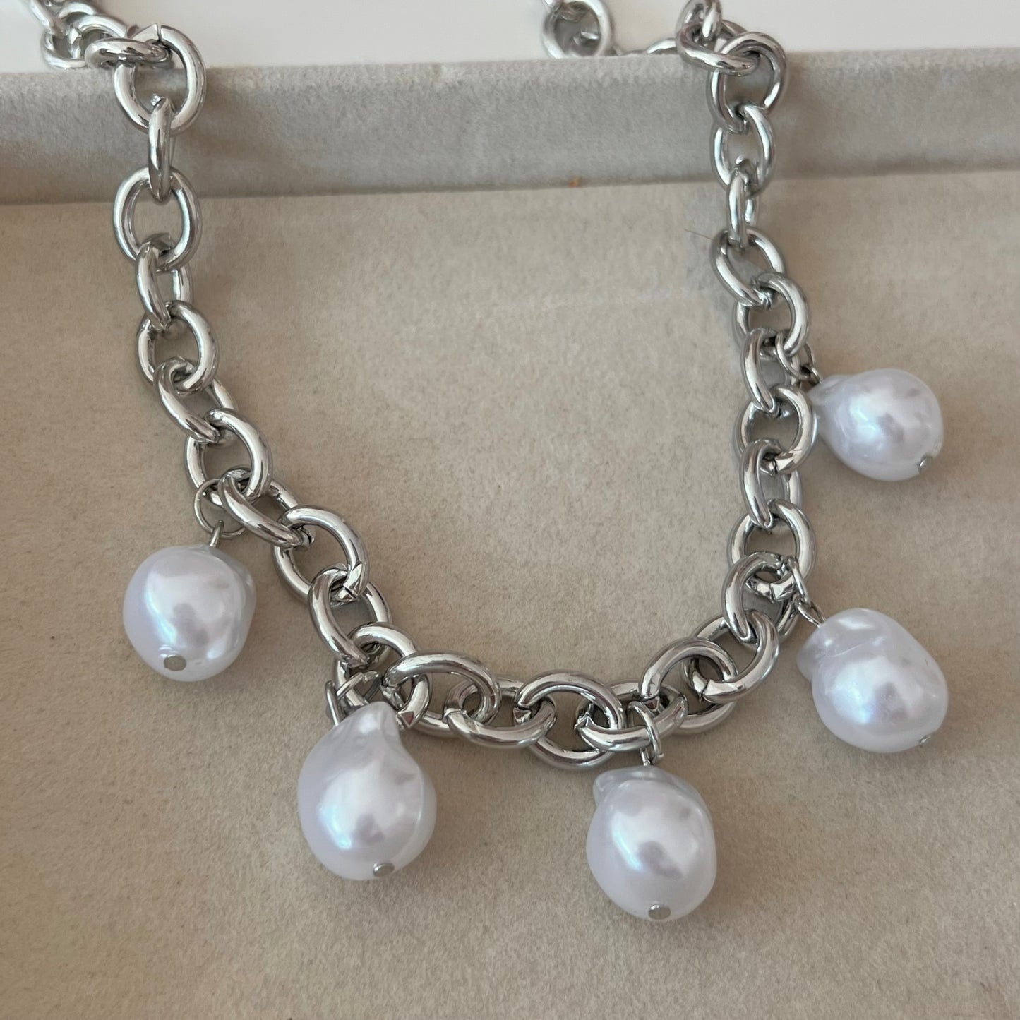 Pearls Silver Charm Necklace